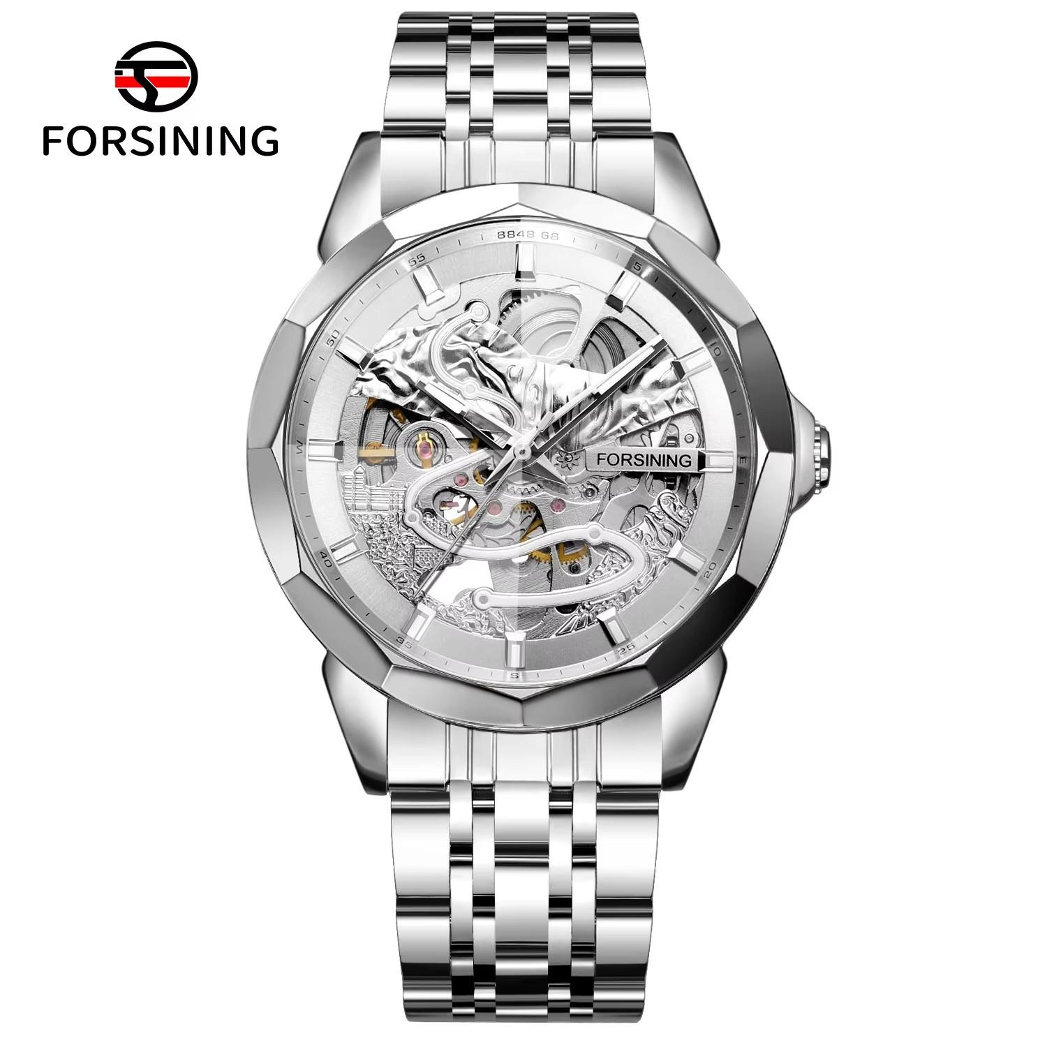 

Forsining Оригинальные золотые скелетонированные механические мужские часы с автоматическим механизмом, роскошные мужские часы из нержавеющей стали серебряный/белый