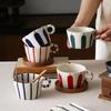 1Pc10.5Oz Scandinavian Geometric Stripesd Ceramic Mug, Exquisite Hand-Painted Round Mouth Handle Cup, Simple Stripesd Coffee Cup, Suitable for Home