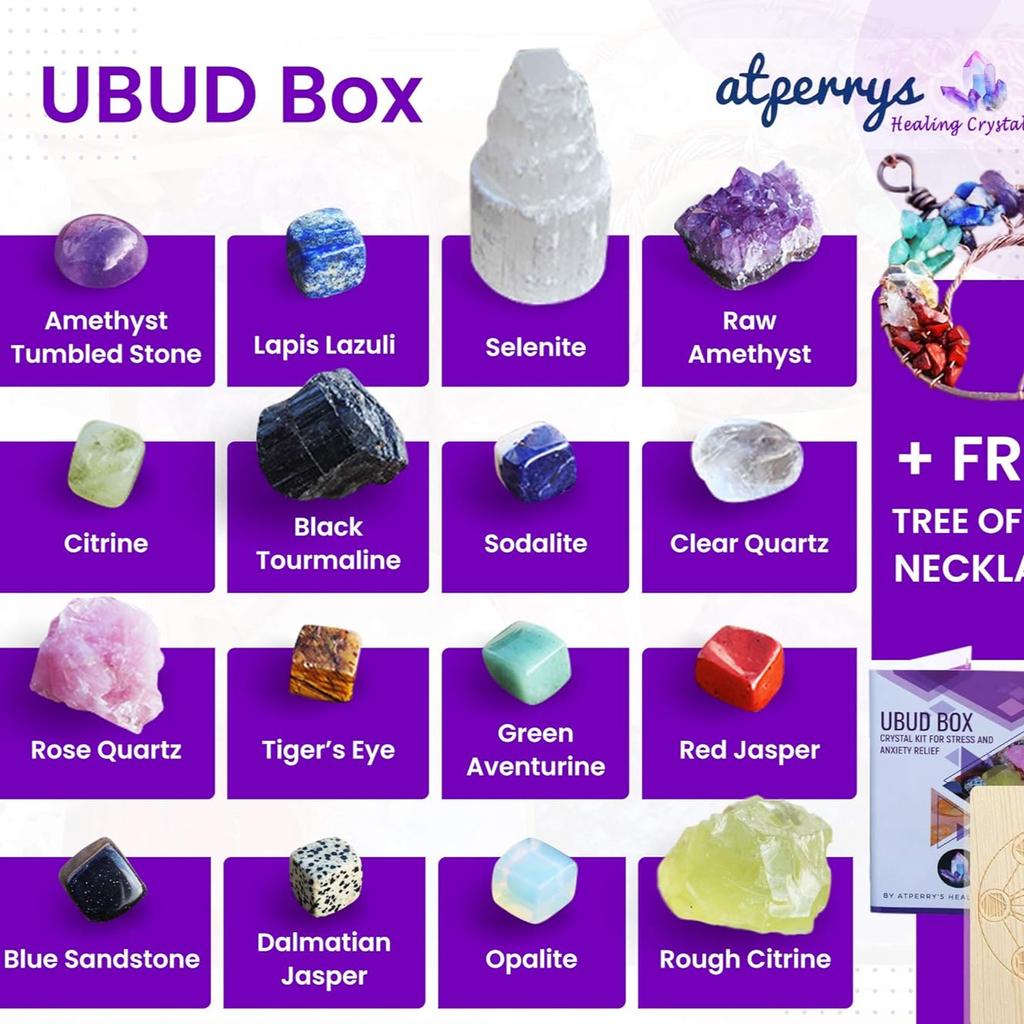16 Large Natural Healing Crystals Set In Wooden Box - Tumbled, Rough & Raw Crystals, Including Selenite Tower, Black Tourmaline, Amethyst, Rose Quartz