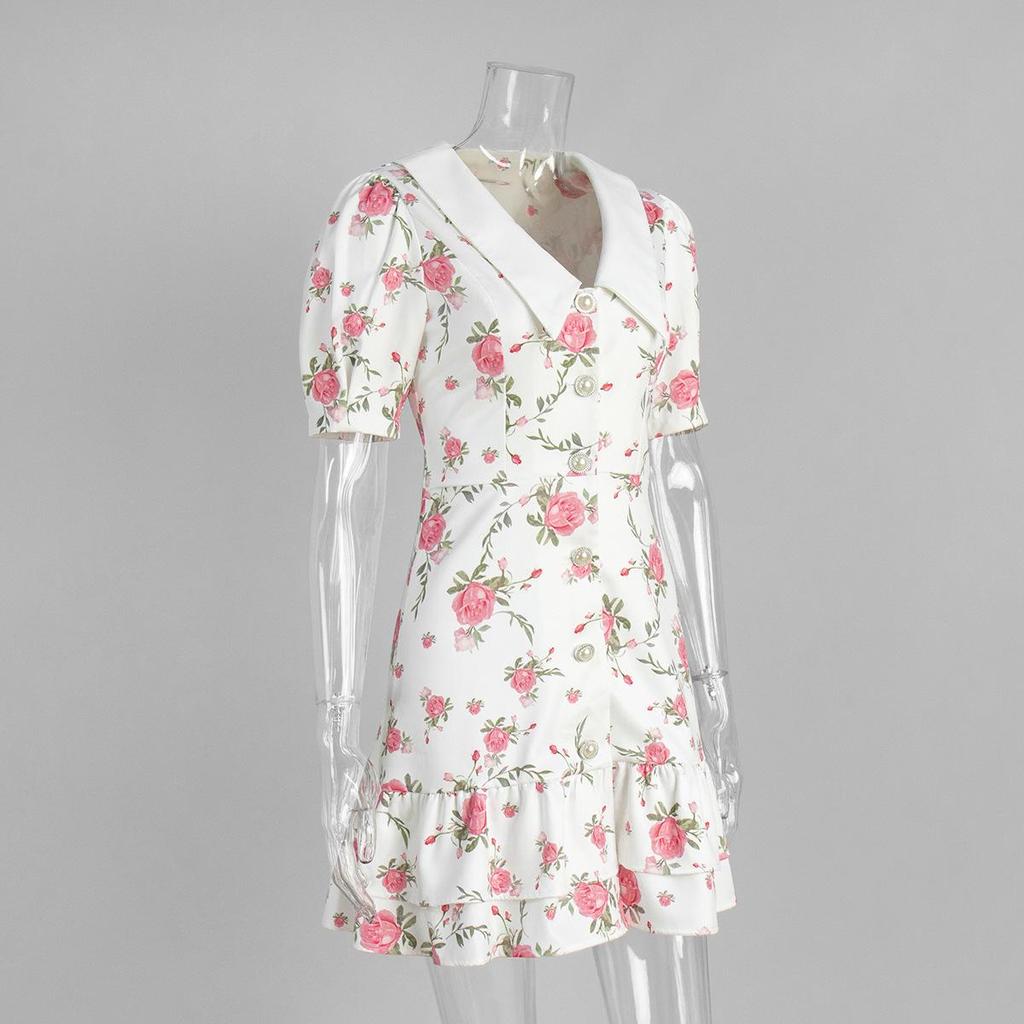 French V-neck Puff Sleeve Summer Dress with Waist-Tightening Print and Ruffle Details for 2025