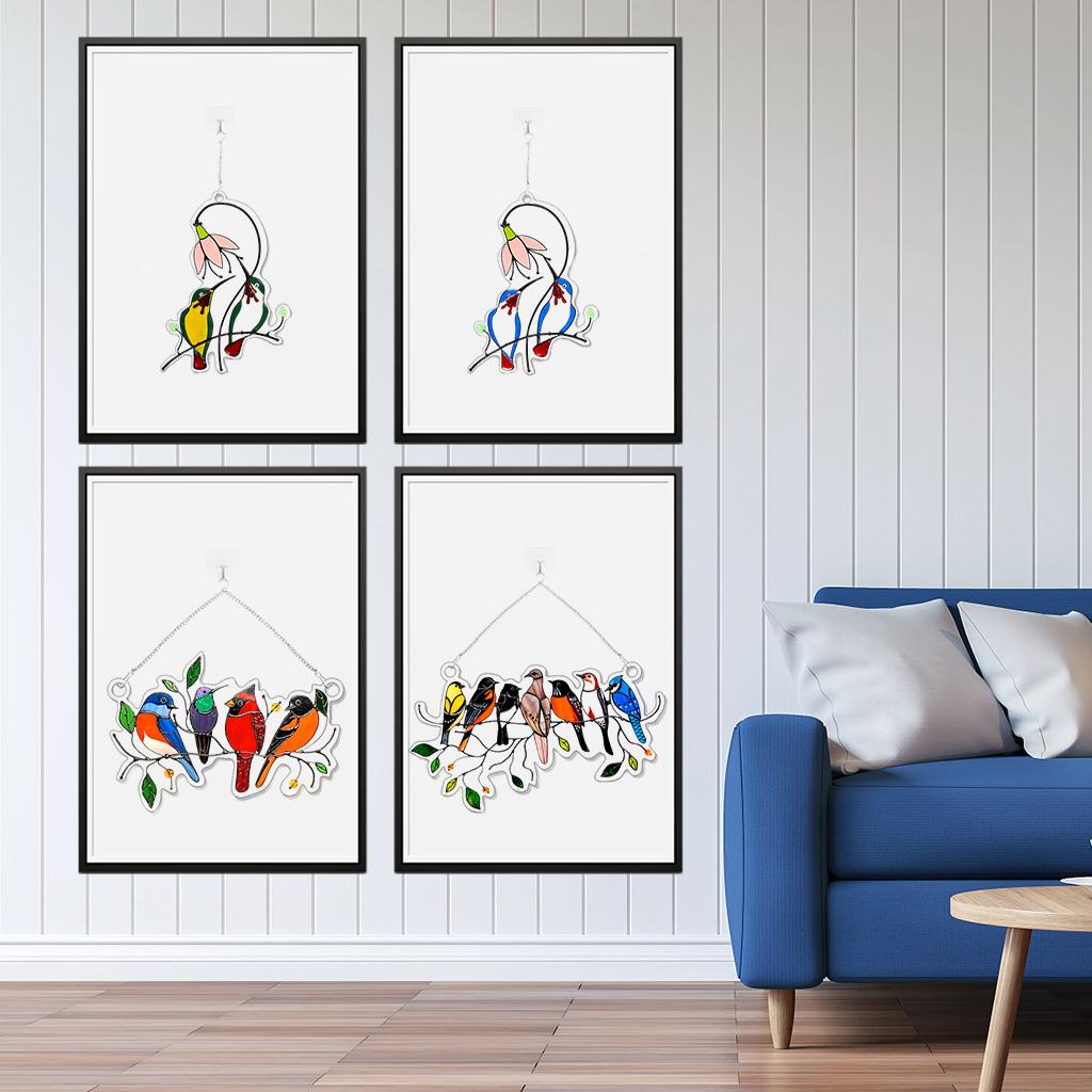 Acrylic Multicolor Birds On A Wire High Stained Glass Window Panel Home Living Room Accessories Garden Decoration