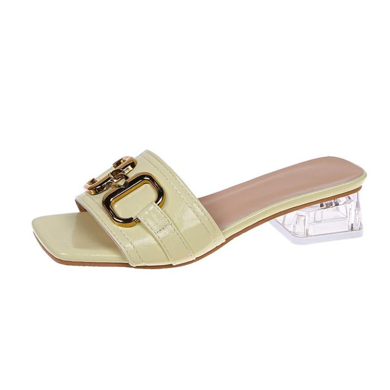 2024 Metal Buckle 3.5cm Transparent Square Heels Slides Women Peep Toe Mules Cool Summer Slippers Sandals Elegant Shoes