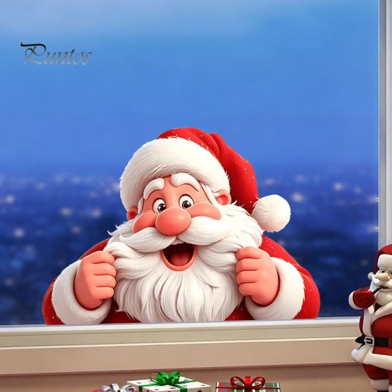 Festive Window Murals Peeking Santa Claus Static Cling, 3D Effect Christmas Wall Stickers Sticker, Reusable Glass Decal for Home Holiday Decor
