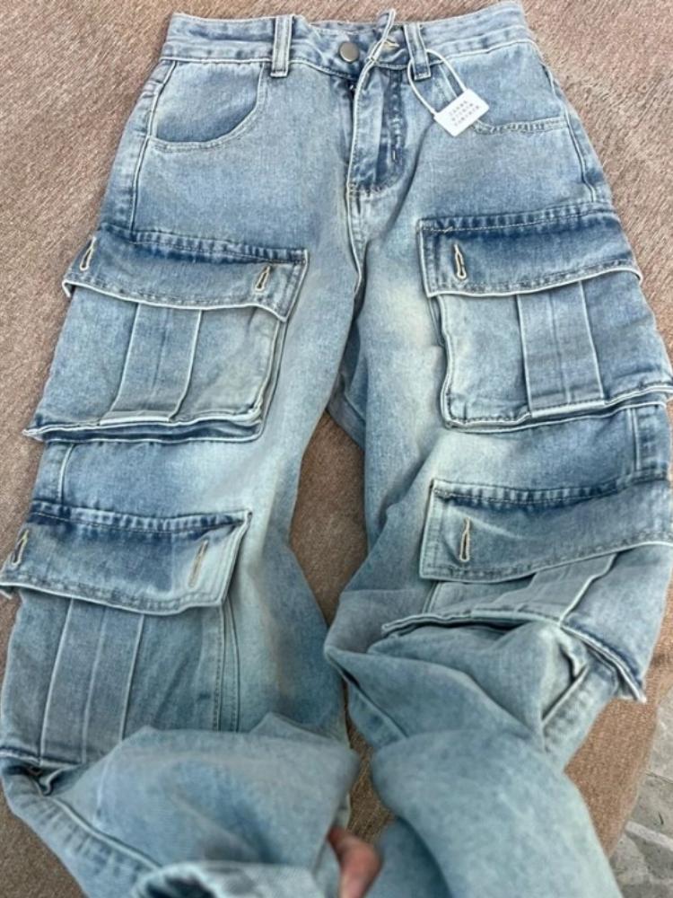 American Retro Multi-pocket Jeans Women Plus Size Street Vibe High Waist Wide Leg Casual Straight Pants Tide