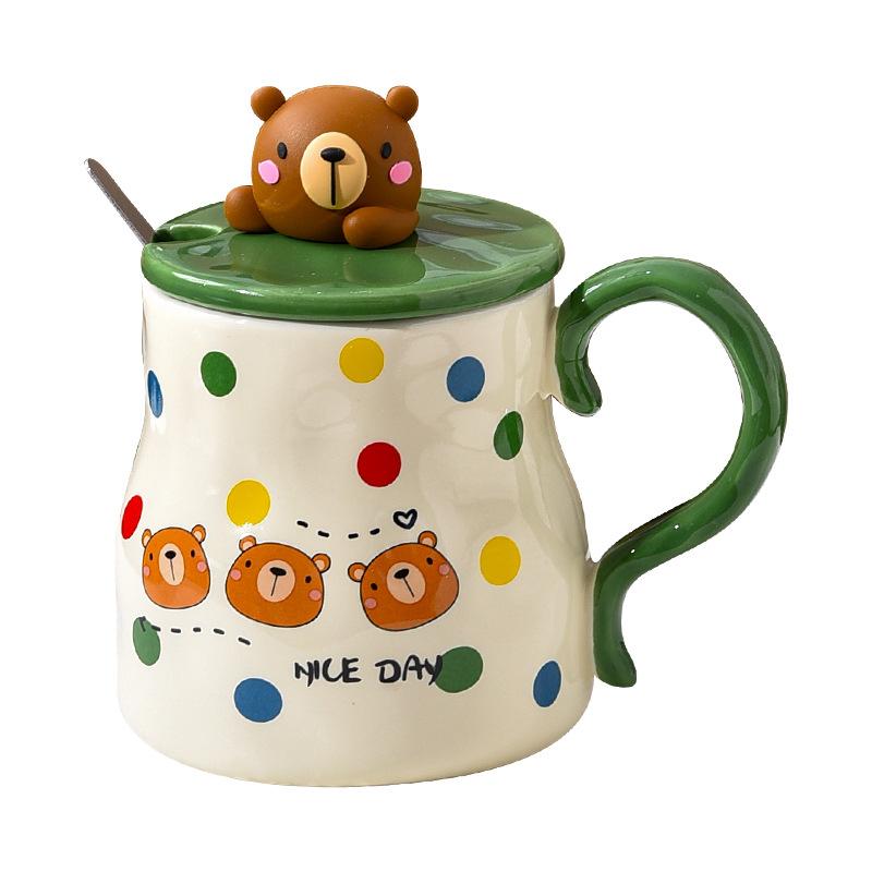 Kreslený zvířátkový trojrozměrný hrnek s víčkem a lžičkou, hrnek pro pár, roztomilý hrnek na pitnou vodu, dětský snídaňový hrnek, keramický