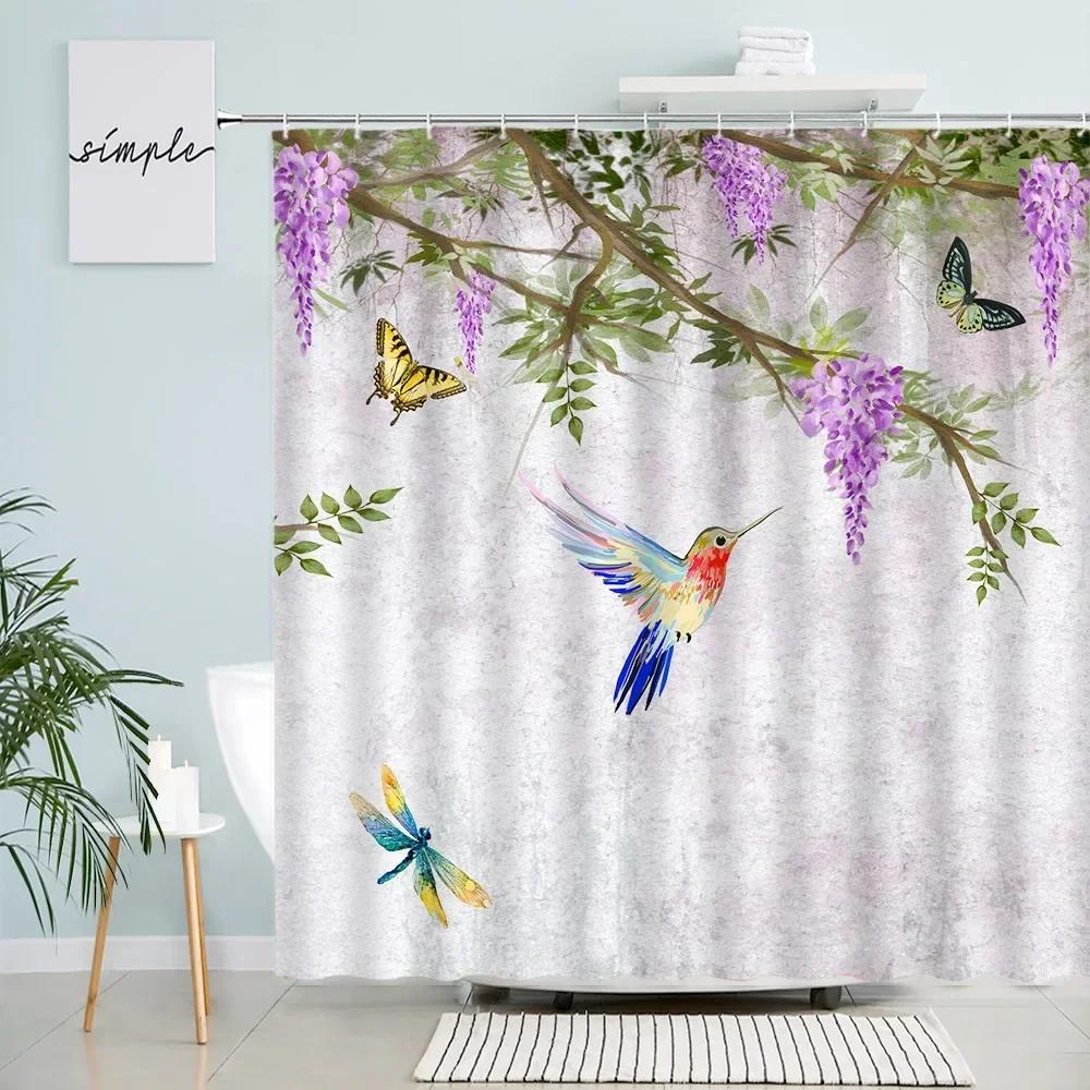 Plants Flowers Shower Curtains Butterfly Purple Floral Green Leaves Hummingbird Rustic Spring Scenery Fabric Bathroom Decor Sets