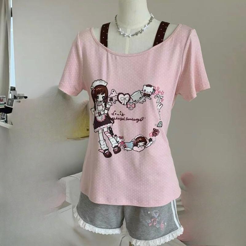 Women T Shirts Cartoon Printed Funny Sweet Slim Summer Fashion Short Sleeve Y2k Aesthetic Harajuku Tops Female Casual