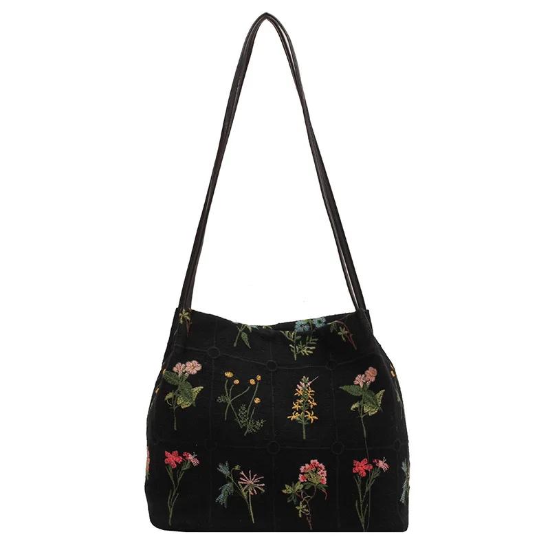 Large capacity embroidered tote bag women's 2026 spring and summer new niche canvas embroidered shoulder bag commuter bucket bag
