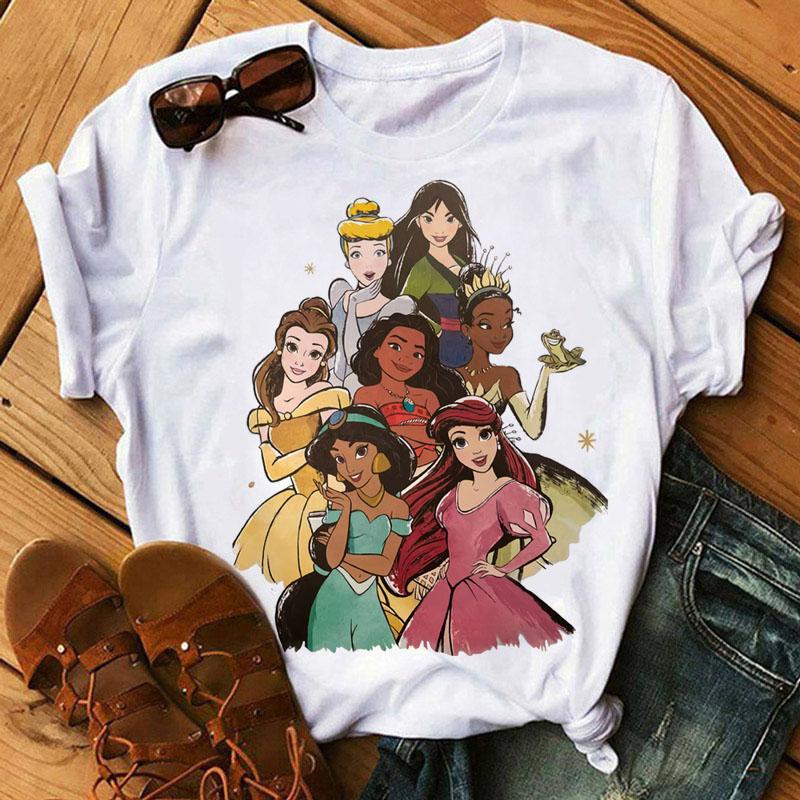 Disney Cartoon Princess Printed Women T-shirt Kawaii Graphic Printed T Shirt Summer Casual Short Sleeve Female Tops Tshirt Tees