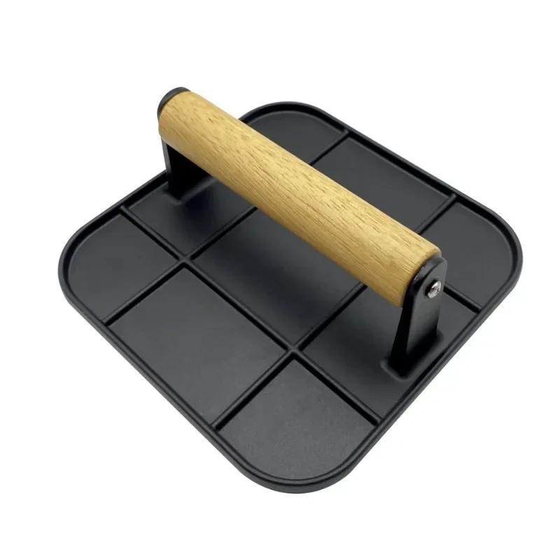 Cast Iron Burger Press Outdoor Non Stick Aluminum Alloy Rotundity Hand Meat Burger Press with Wooden Handle for Home Kitchen BBQ