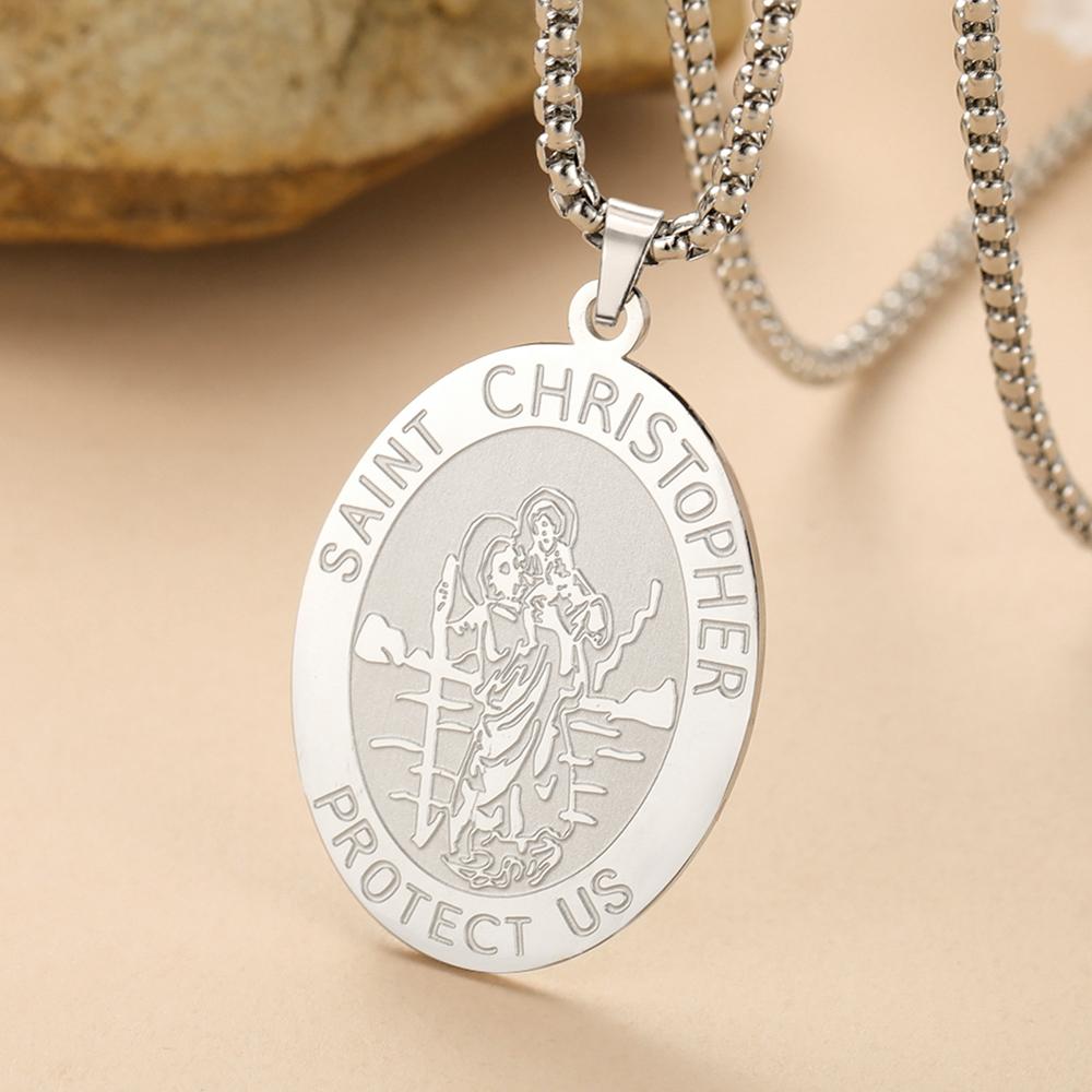 LIKGREAT Religious ST.Christopher Protect Us Medal Necklace Stainless Steel Catholic Saint Amulet Pendant Jewelry