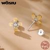 WOSTU 925 Sterling Silver Yellow Shell Pearl Flower Ring Floral Stud Earrings Adjustable Pearl Bead Bracelets Wedding Party Gift
