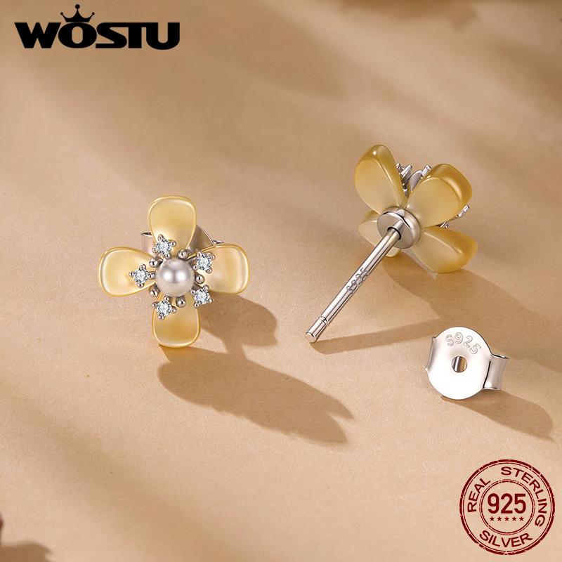 WOSTU 925 Sterling Silver Yellow Shell Pearl Flower Ring Floral Stud Earrings Adjustable Pearl Bead Bracelets Wedding Party Gift
