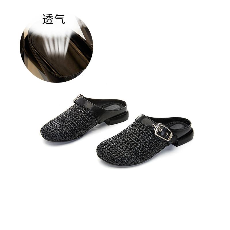 Leather Bag Head Slippers Women's 2025 Summer New Sheepskin Pad French Sandals Casual Versatile Semi-drag Fashion Women's Shoes