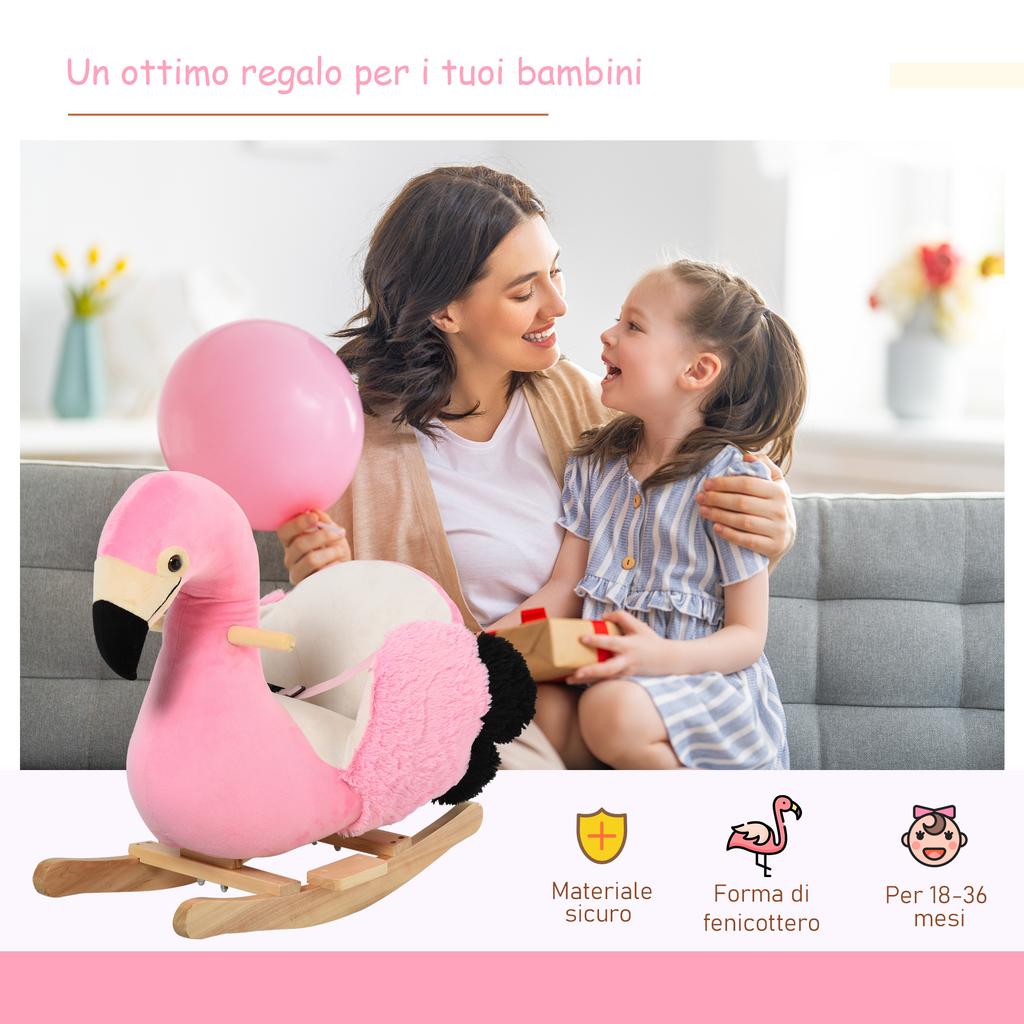 Schaukelpferd für Kinder, Schaukelflamingo für Kinder ab 18 Monaten aus Holz mit Sicherheitsgurten, Rosa