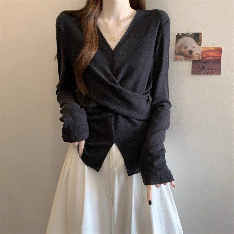 

Women s Korean V-Neck Corduroy Long Sleeve T-Shirt: Slimming Plus Size Autumn/Winter Base Layer 2XL (141-160 jin) сірий колір