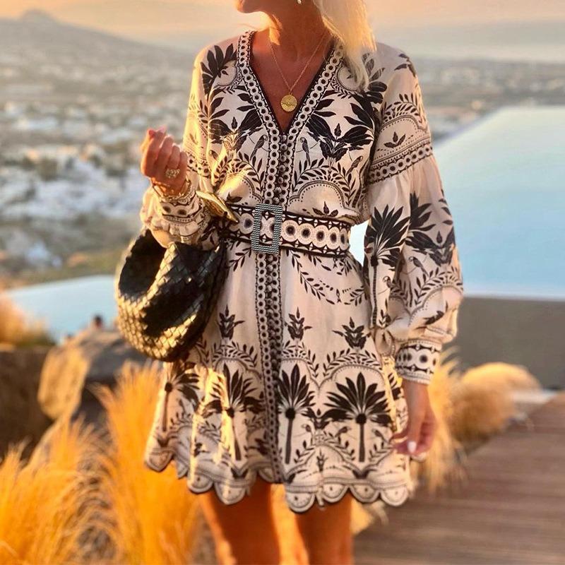 Spring and Autumn New Women's Fashion Printed Beach Loose Short Dress