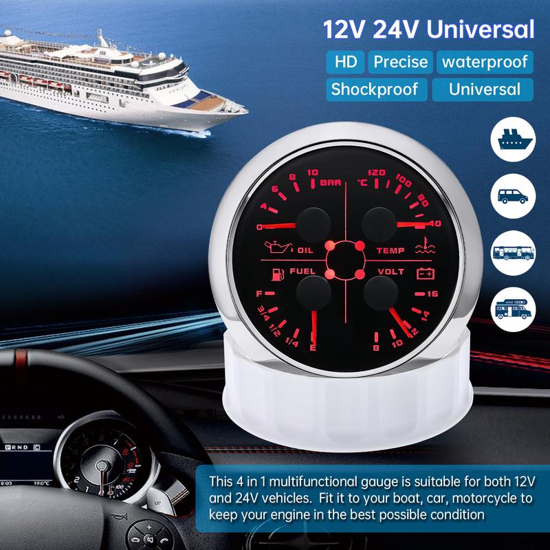 Red LED Pointer 85mm Gauge 0~10Bar Oil Pressure+Water Temp+Fuel Level Gauge+Voltmeter 0-190ohm Fuel Sensor Car Boat DC12V Custom