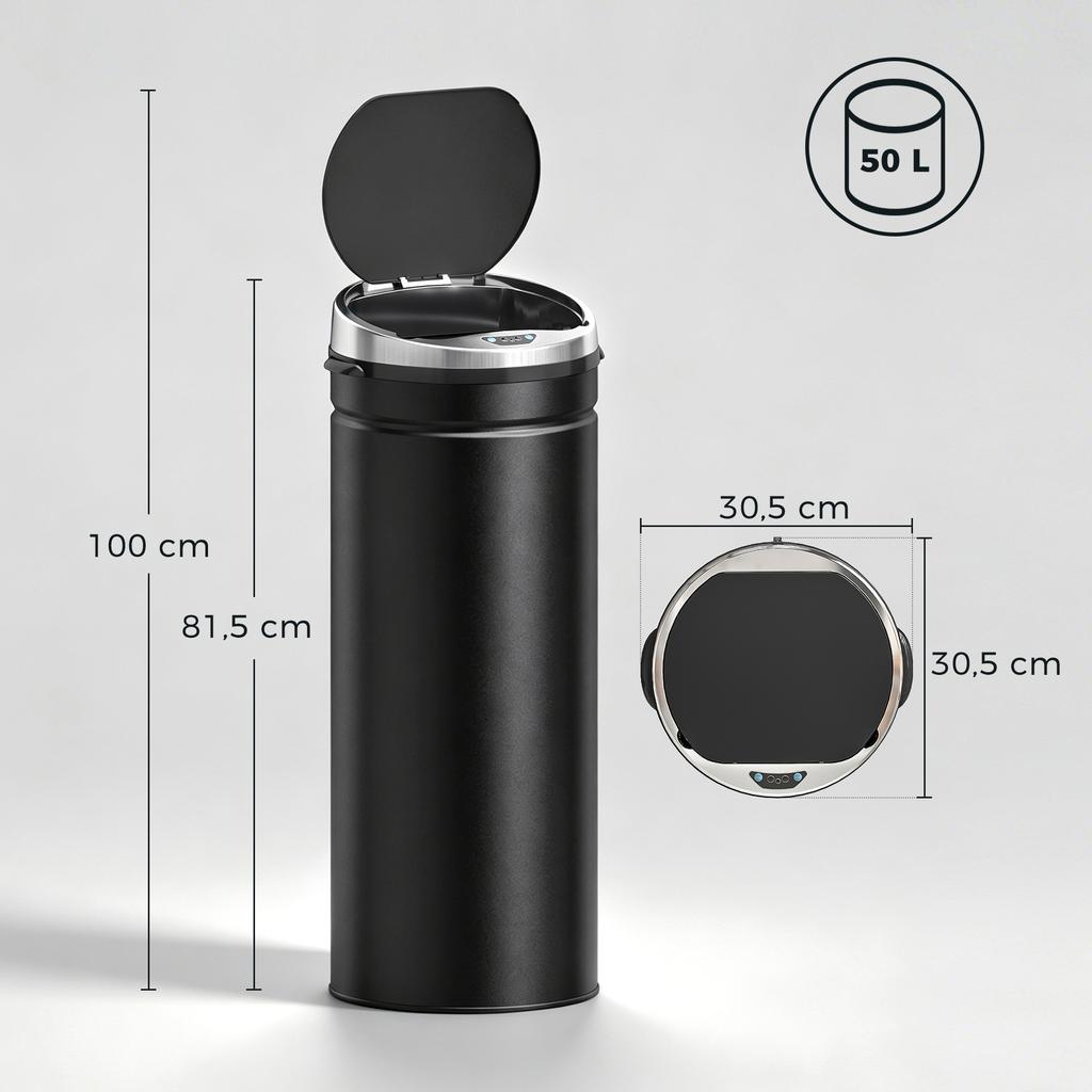 50L Automatic Motion Sensor Rubbish Bin with Fingerprint Resistant, Stainless Steel, Black