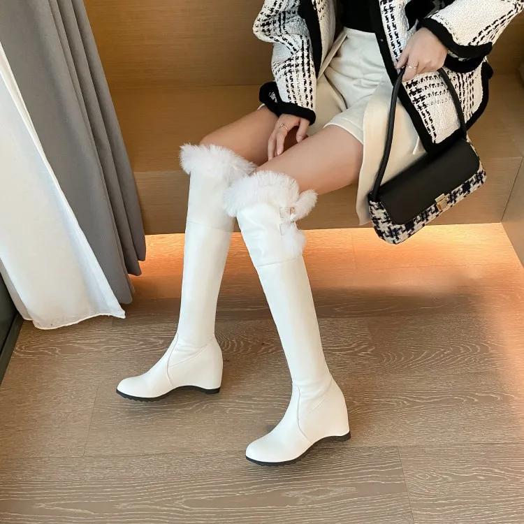 New Winter Snow Boots Women Warm Fur Long Boots Casual Wedge Heels Over The Knee Boots Female Black White Shoes