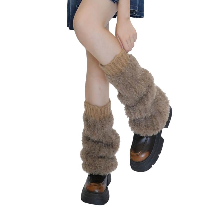 Ribbed Knit Cuffs Furry Leg Warmers for Women Students Winter Furry Plush Boot Covers Stretchy Calf Socks Streetwear