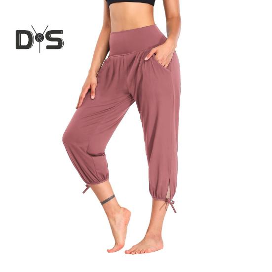 

Женские укороченные брюки с эластичным поясом, повседневные брюки с карманами, шнуровкой на манжетах, однотонные брюки для бега и велоспорта S розовый