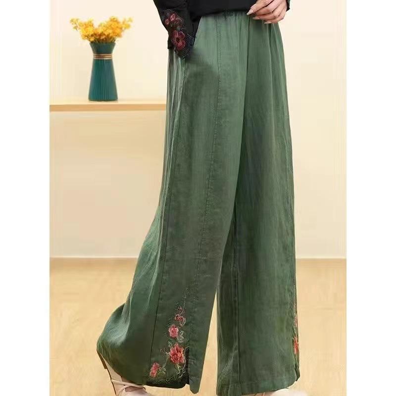 Women's Spring and Summer Chinese Retro Loose Pants Elastic Waist Comfortable Embroidery Wide Leg Pants