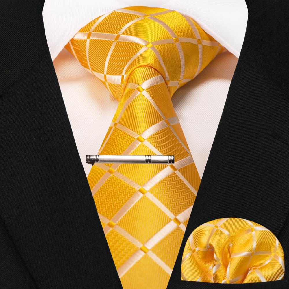 JEMYGINS New Fashion Black Plaid Men s Tie 8cm Silk Business Necktie Handkerchief Tie clips set Wedding Party Tie Gift For Men