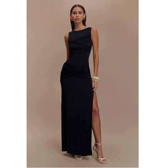 

Платье макси с открытой спиной и сборками, женское летнее, новое, с круглым вырезом, с высоким разрезом, облегающее, элегантное, длинное, модное L