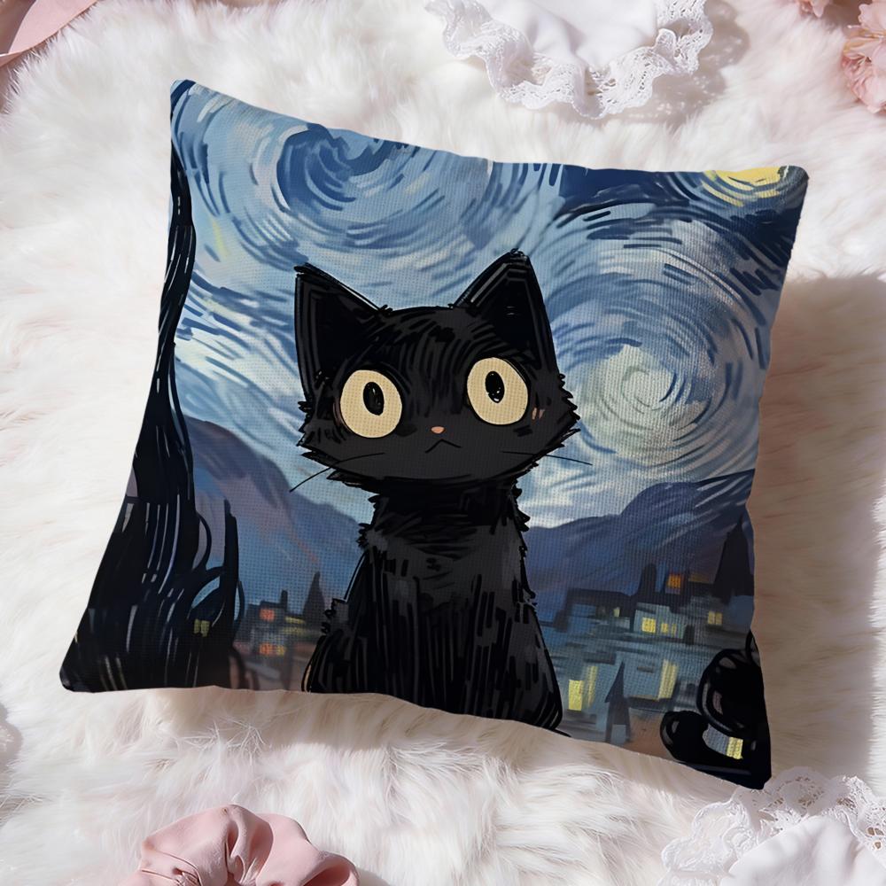 Cute Black Cat Cushion Cover Premium Comfort Reversible Pillow Cove -Two In One Design for Any Room & Car Interior