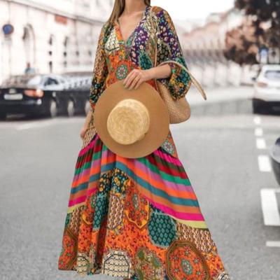 Vestido Maxi Plisado de Manga Farol con Cuello en V Estampado Étnico Retro Dobladillo Ancho Vestido Largo de Playa Ropa Femenina