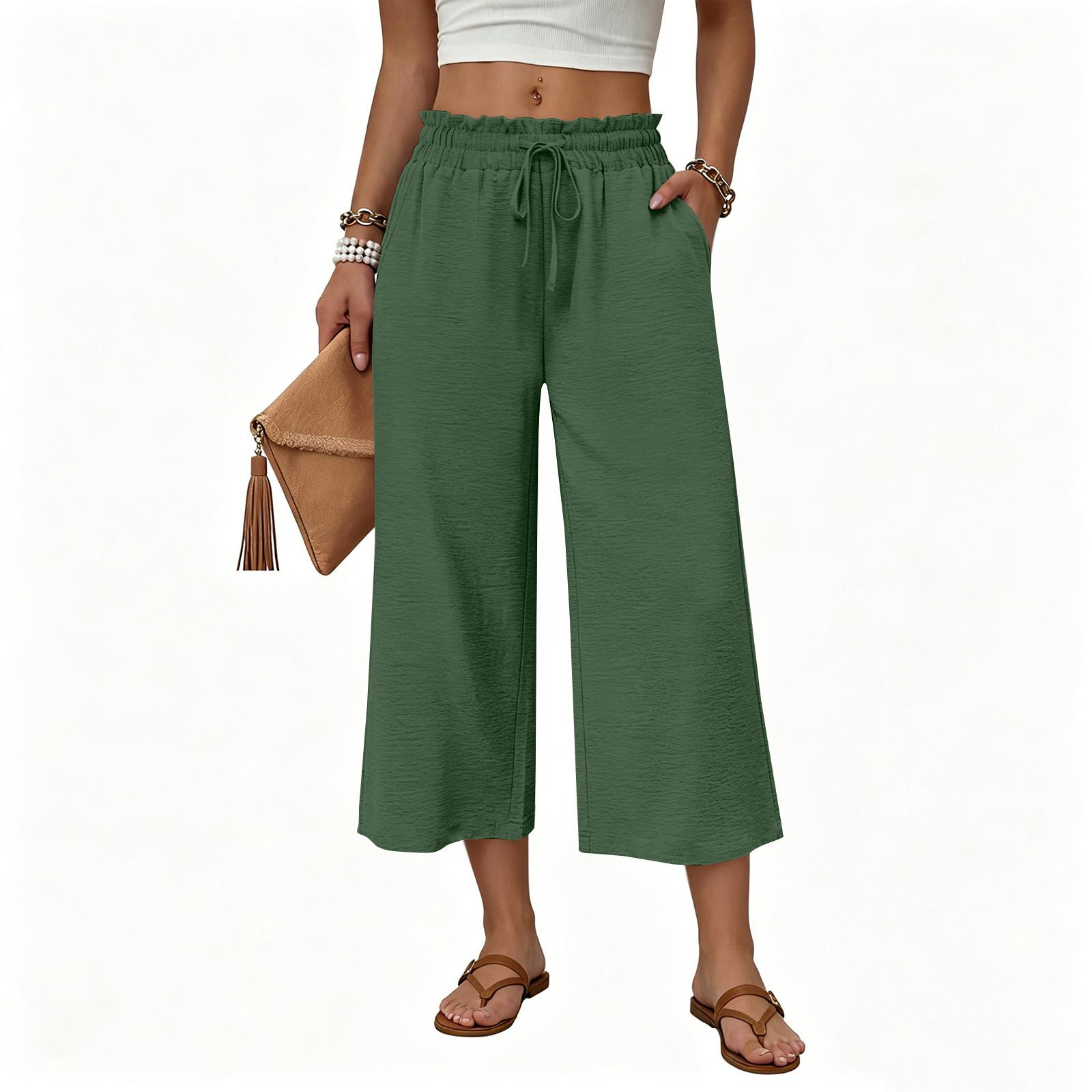 

Women s Casual Loose-Fit High-Waisted Cotton-Linen Cropped Pants With Side Pockets L армия зеленый