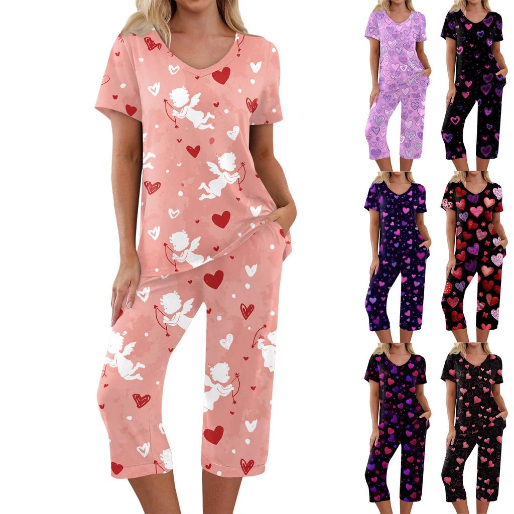 2 Piece Sets For Women Short Sleeve Top And Pants With Pockets Workout Soft Print Sets