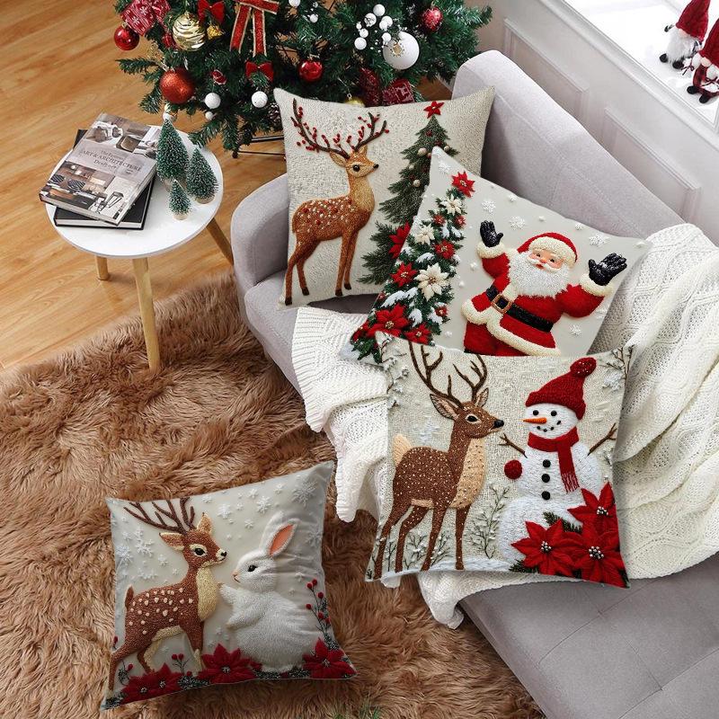 Christmas Reindeer and Santa Claus Pillowcase - Holiday Decoration Cushion Cover
