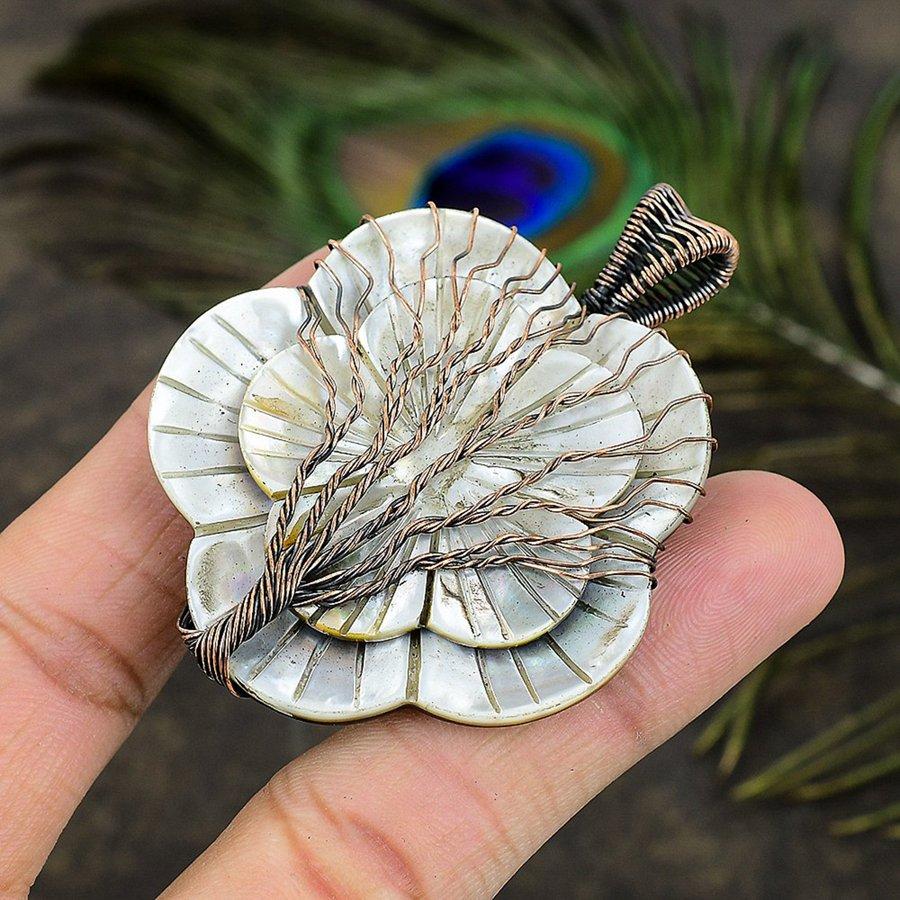 Mother Of Pearl Handmade Copper Wire Wrap Jewelry Pendant 2.64" s4C60