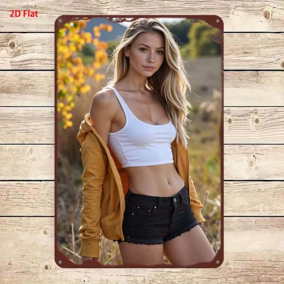 Vertical Metal Tin Sign Blonde Woman Yellow Crop Top Denim Shorts Wildflower Scenery Wall Hanging Decor