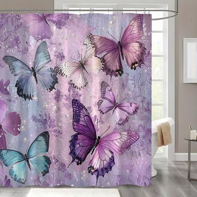 1 Piece Stain Resistant Polyester Shower Curtain with Hooks - Vivid Purple Butterfly Floral Digital Print, Shower Privacy
