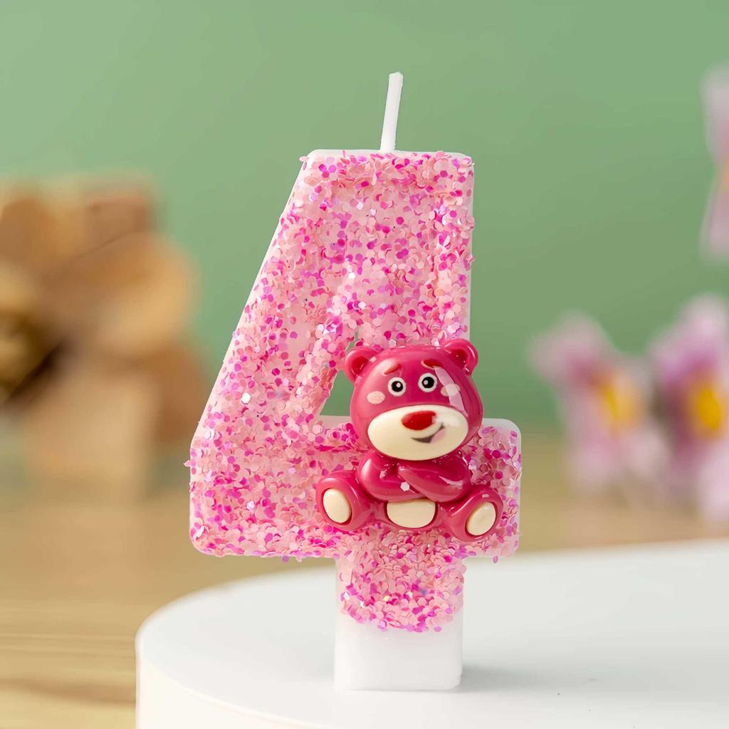 Cartoon Pink Bear Birthday Number Candles Cake Decoration