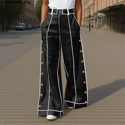 Men Zipper Waist Stitching Casual Wide Leg Pants Long Trousers With Pockets