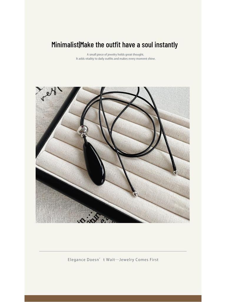 Teardrop Black Agate Pendant Sweater Necklace - Elegant European & American Fashion Jewelry.