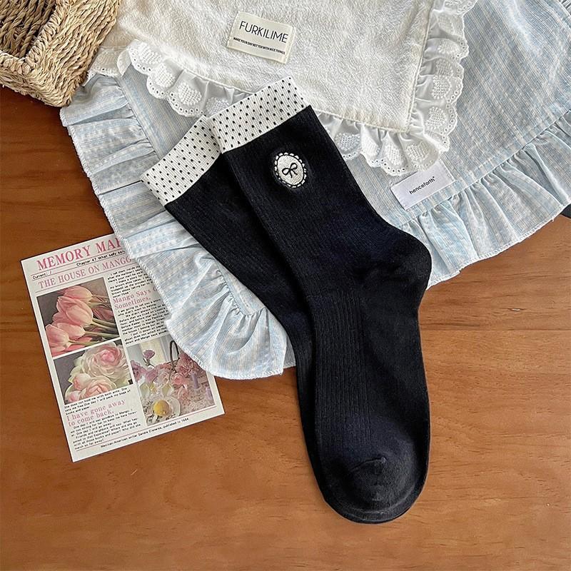 

Носки с ретро-точками, контрастного цвета, с вышивкой бантика, женские носки до середины икры, модные махровые носки из чистого хлопка 1 pair чёрный