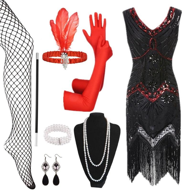 Hot Sale Vintage Sequins Tassel Dress Prom Evening Dress Accessories Set