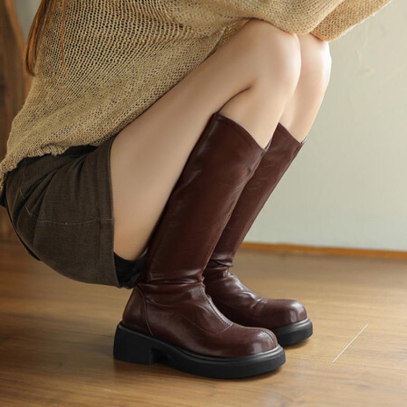 Autumn and Winter Women's High Boots Rubber Sole Medium Heel Large Size Women's Shoes Square Heel Korean Version Square Head Women's Boots New Ma