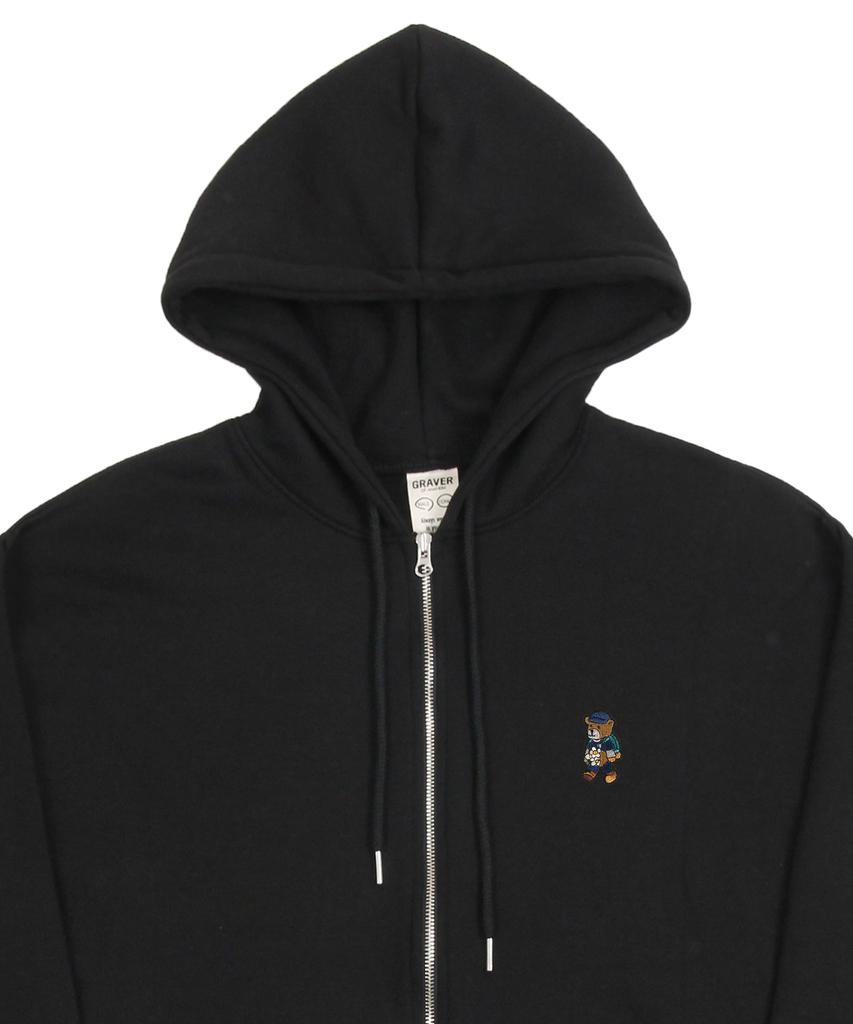 Graver [Unisex] Daisy Bouquet Bear Embroidered Zip-Up Hoodie_Black