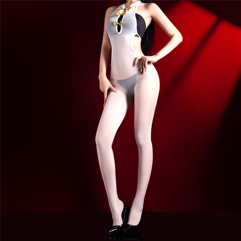 Fashion Women Backless Open Crotch Bodysuit Hollow Out Jumpsuit Oil Shiny Glossy Elastic Tight 5D 912 Pin Bandage Maid Leotard
