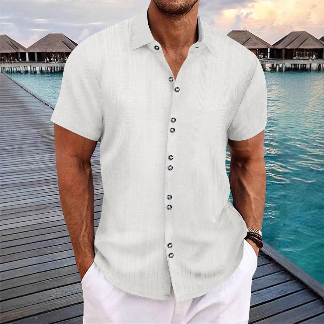 Mens Casual Loose Jacquard Striped Short Sleeve Button Down Shirt S