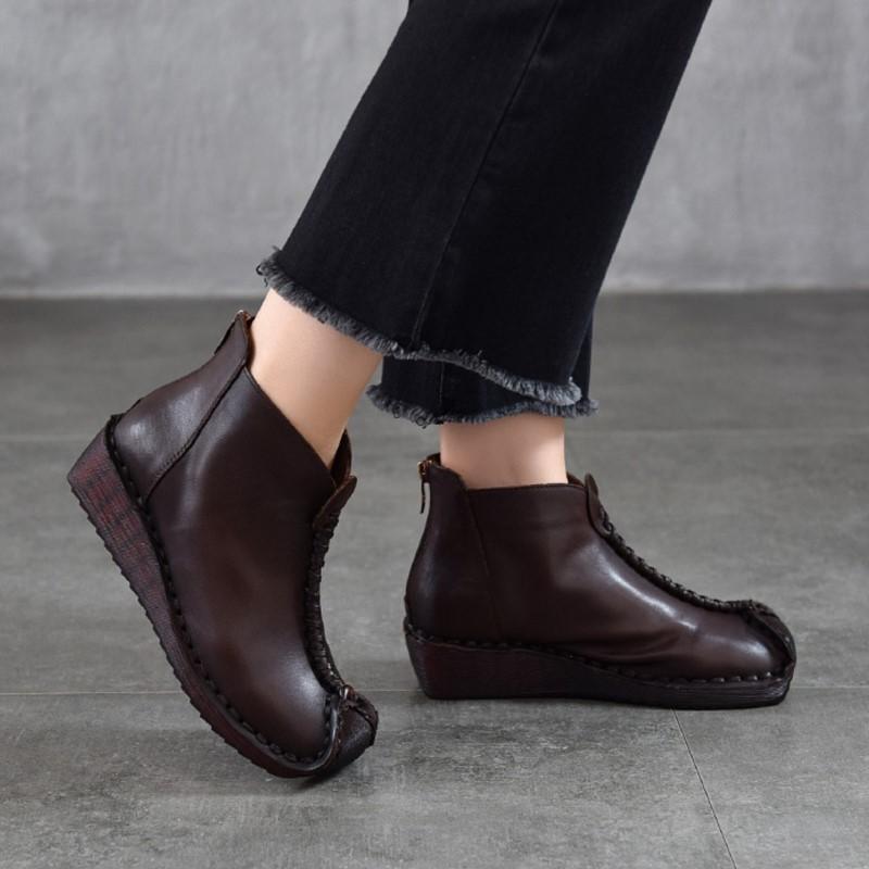 Johnature Versatile Genuine Leather Women's Wedges Shoes Retro Cowhide Soft Soled Short Boots