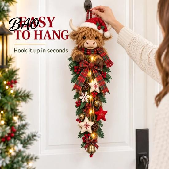 Holiday Plaid Ribbon Door Sign Lighted Highland Cow Christmas Swag, LED Hanging Decor with Decorative And Berries, Farmhouse for Front Entryway