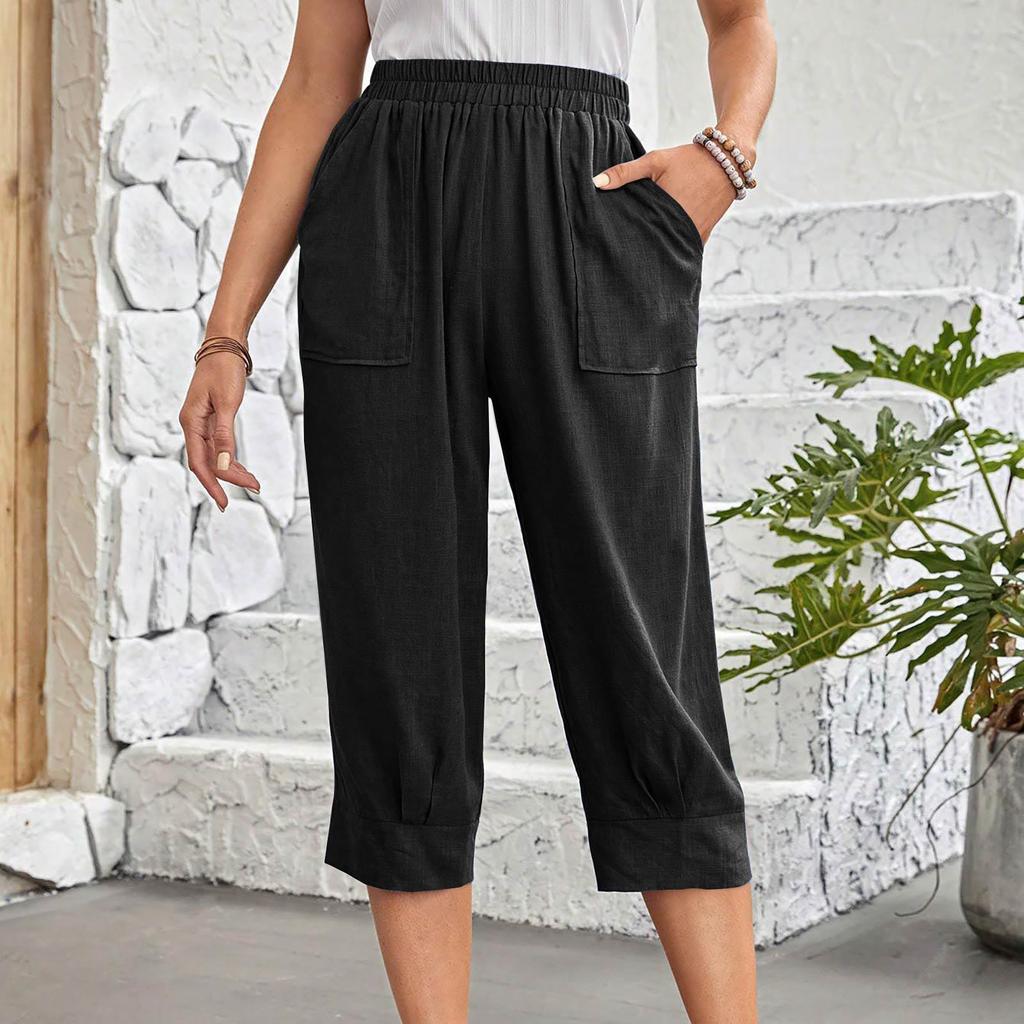 Spring and Autumn Solid Color Large Pocket Pants Elastic Waist Loose Women’s Trousers