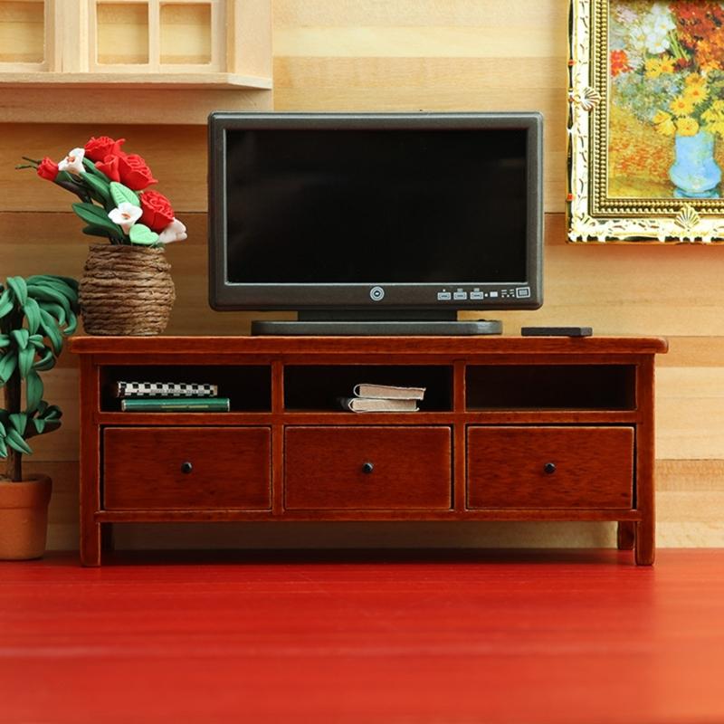 Miniature Wood TV Cabinet With Functional Drawer Doll House Living Room Scene Display Accessory Craft Model Furniture